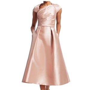 Theia Dress Cap Sleeve Asymmetrical Midi Side Ruched in Pink